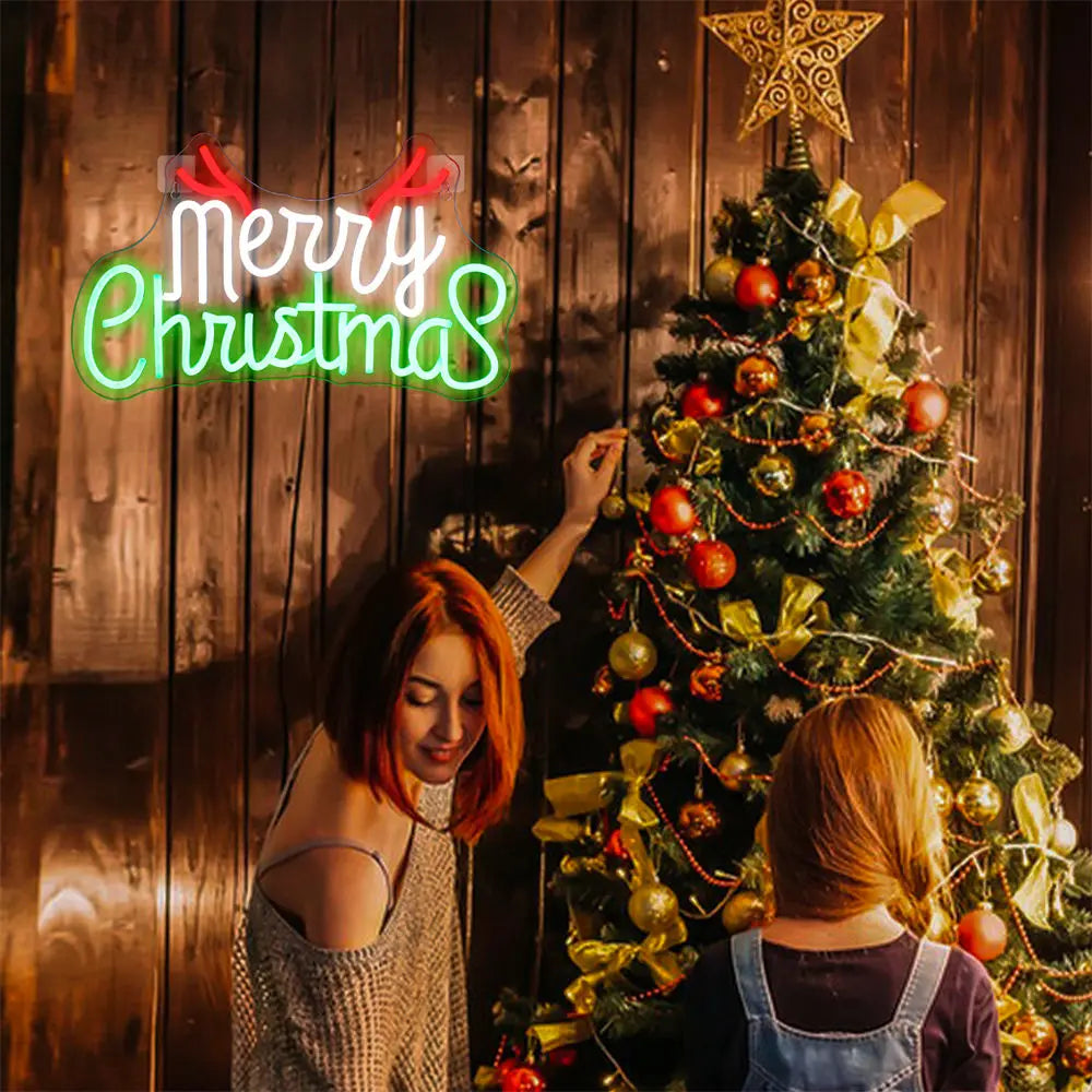 Merry Christmas Neon Sign Red Green LED Lights With Small Decor Dimmable Room Decoration For Festival Home Party Wall Lamp Signs