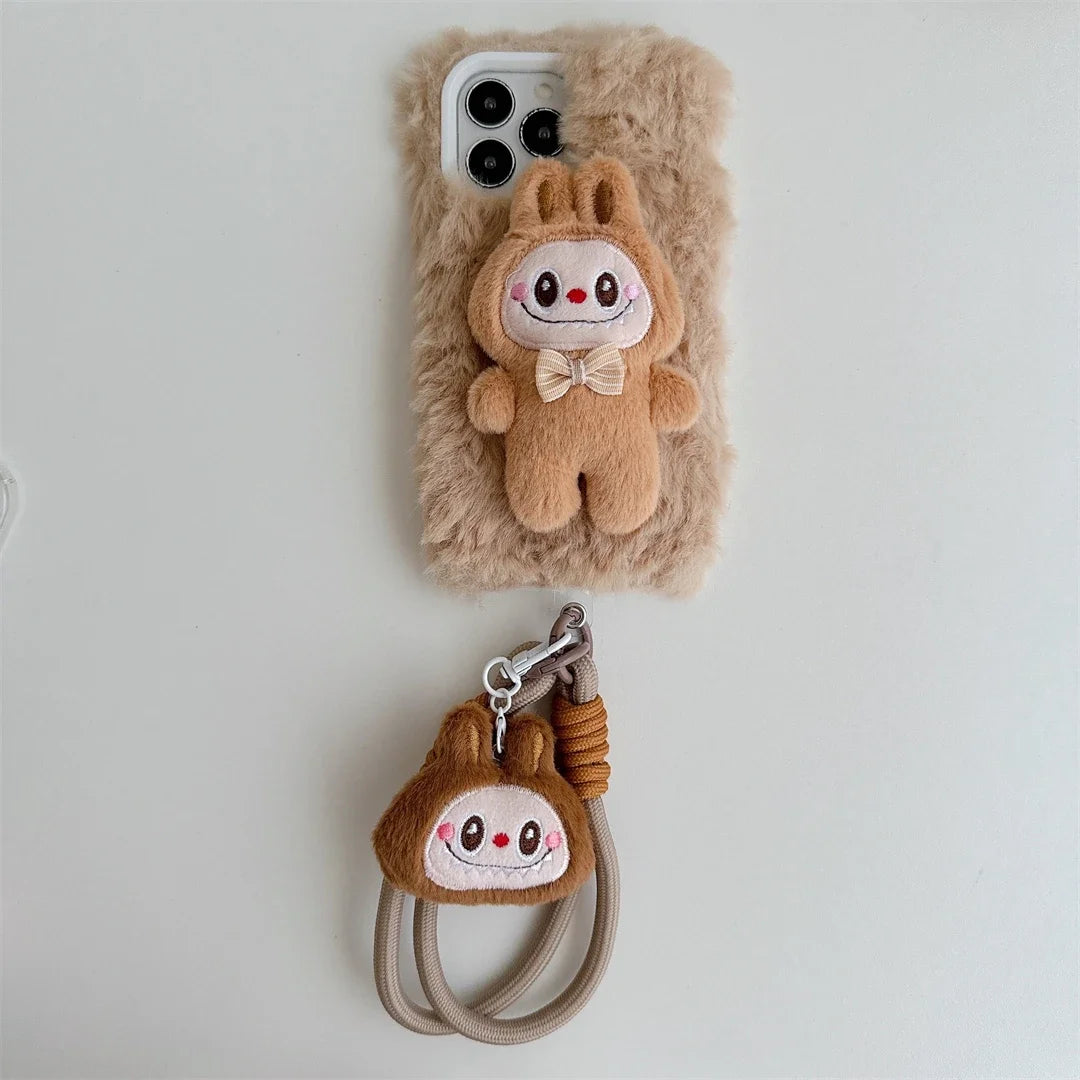 Cartoon Plush Little Monsters Labubu with Lanyard Phone Case for IPhone 16 15 14 13 12 11 Pro Max Anti-drop Back Cover Funda