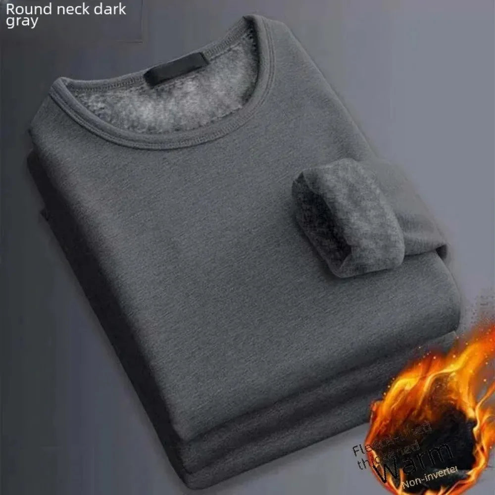 Men's Winter Thermal Underwear Tops Fleece-lined Thickened Warm Sweatshirt Solid Color O-neck V-neck Base Shirt Large Size 5XL