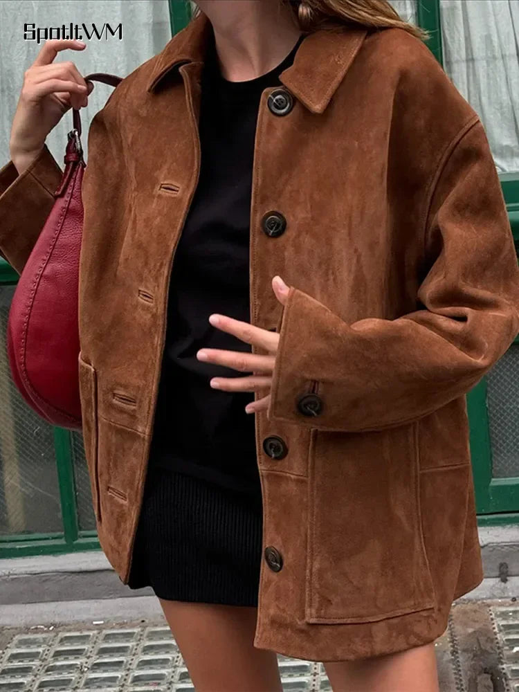 Retro Caramel Suede Leather Blazer Lapel Casual Single Breasted Loose Pocket Women Jacket 2024autumn Fashion Commute Street Coat