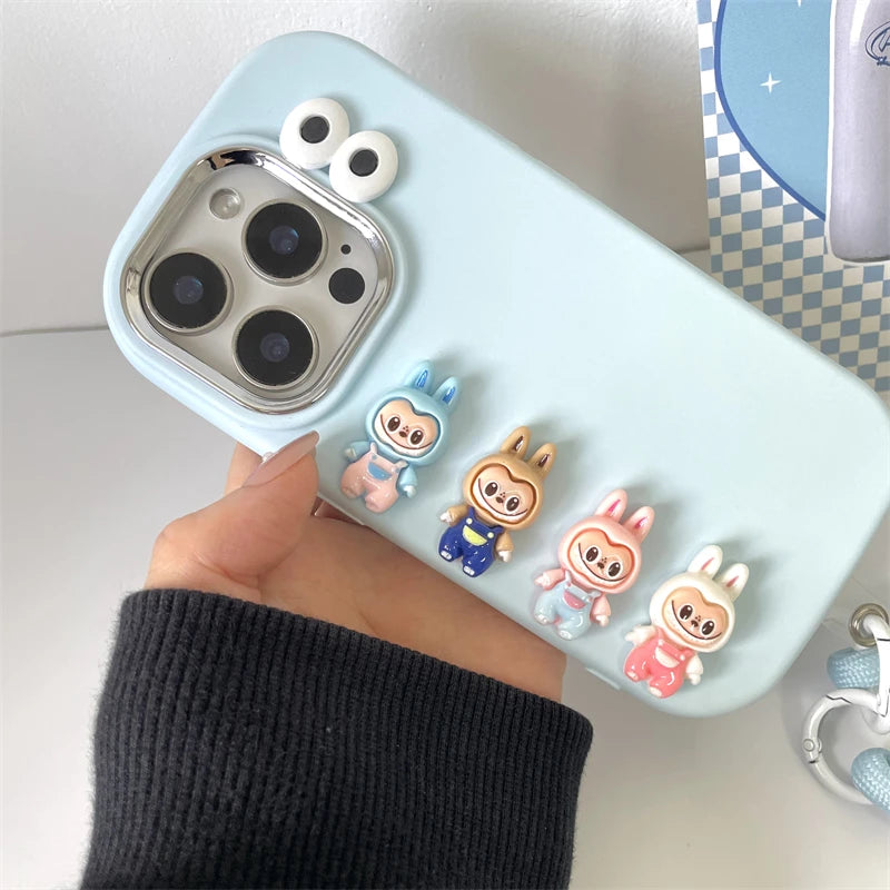 3D Labubu Cartoon Phone Case For iPhone 16 promax 15 14 Plus 13 12 11 Pro Max Mini With Wrist Strap Cute Eyes Soft Cover