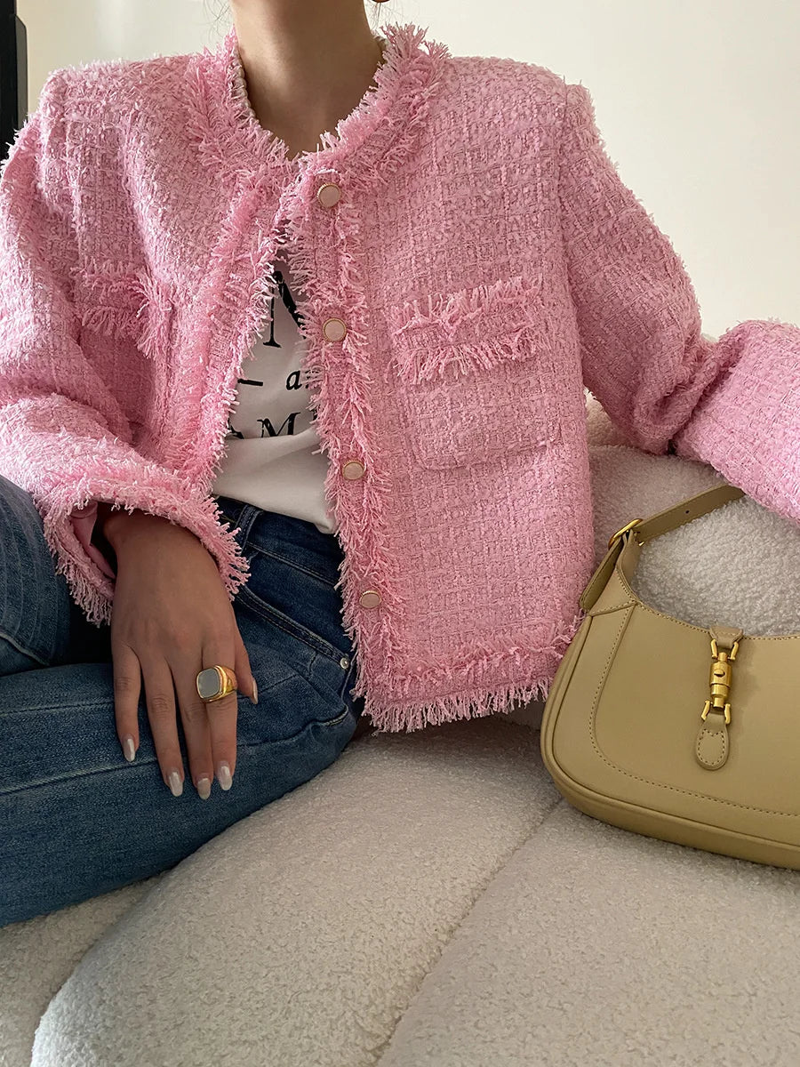 Pink Fringe Fur Shoulder Pad Tweed Jacket Blazer Boucle Crop Coat for Women 2023 Spring