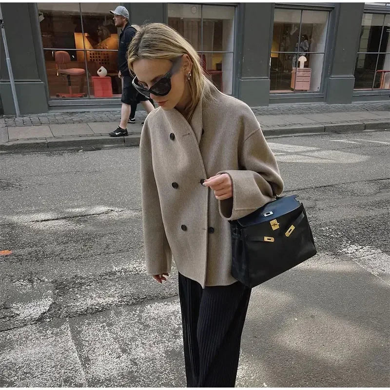 Retro Loose Casual Woolen Coats Women's Double Breasted Stand Collar Short Jacket Office Lady Autumn Winter 2024 Solid Outerwear