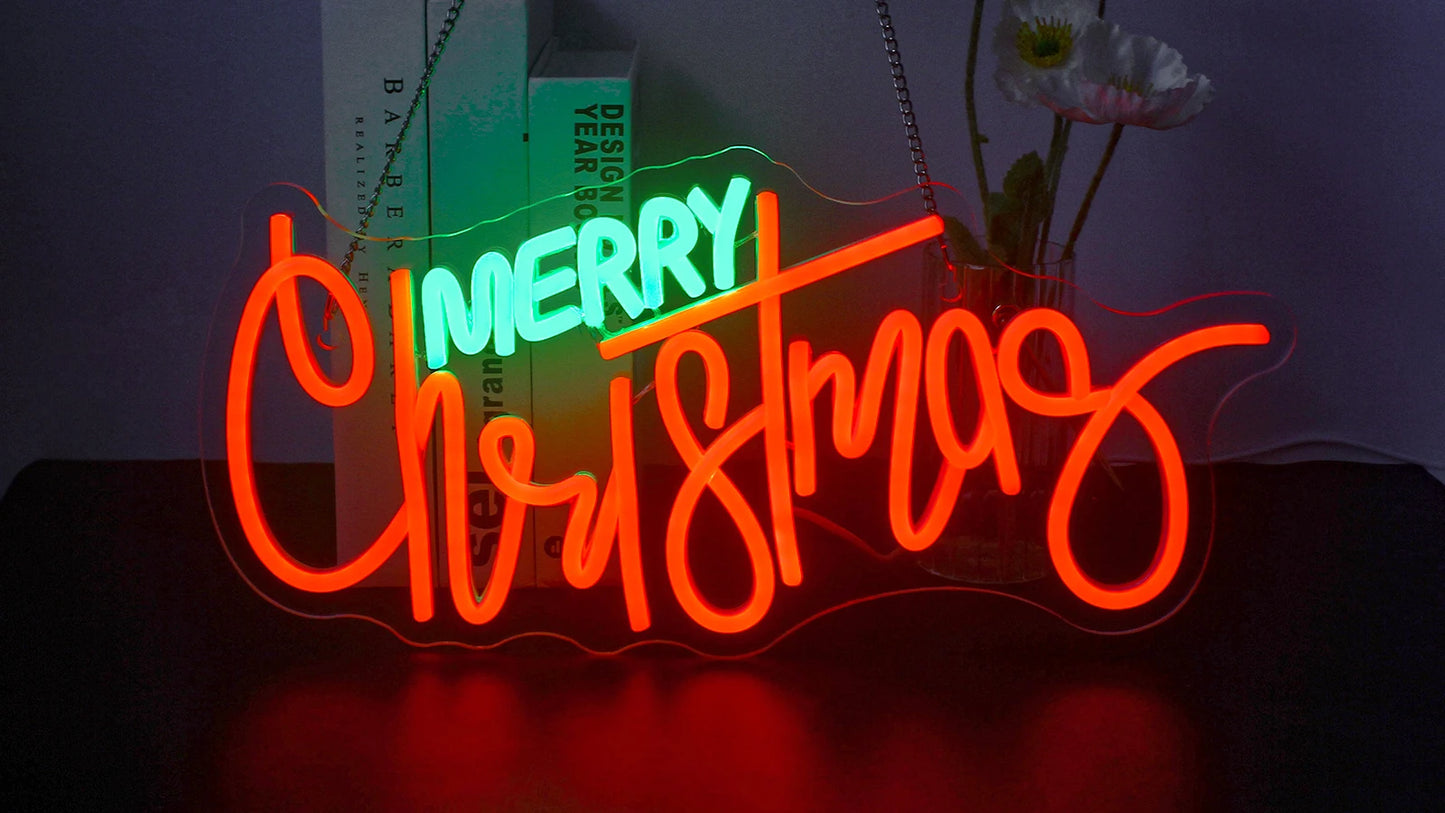 Merry Christmas Neon Sign Red Green LED Lights With Small Decor Dimmable Room Decoration For Festival Home Party Wall Lamp Signs