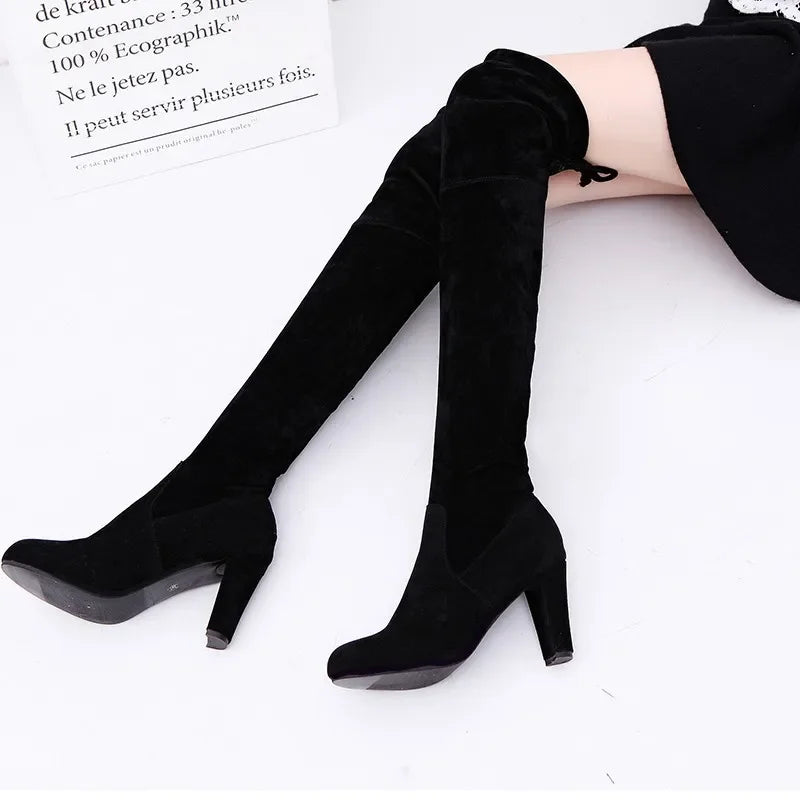 Women Over The Knee Boots Botas Mujer Invierno New Woman in Stretch Fabrics High Heel Slip on Shoes Pointed Toe Long Botte Femme