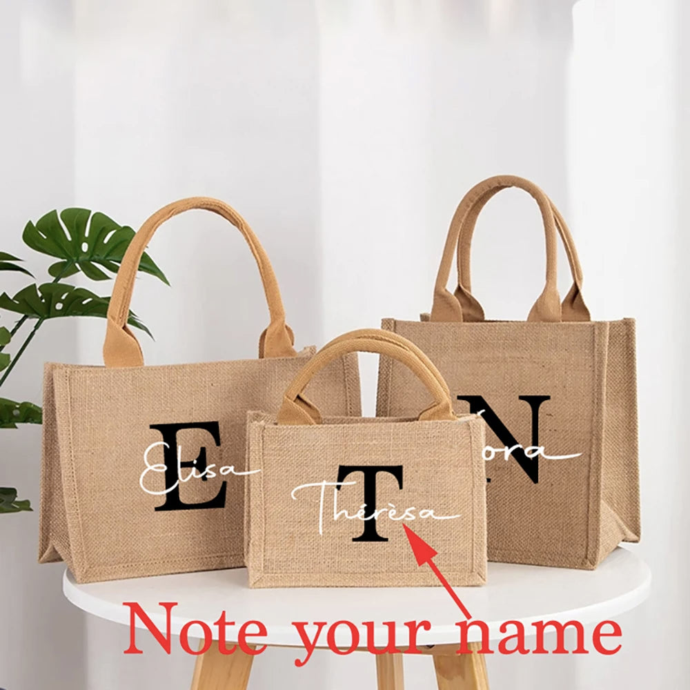 Custom Name Jute Handbag Personalized A-Z Burlap Logo Print Shopping Bag Tote Boutique Small Business Gift Girls Trip Wedding