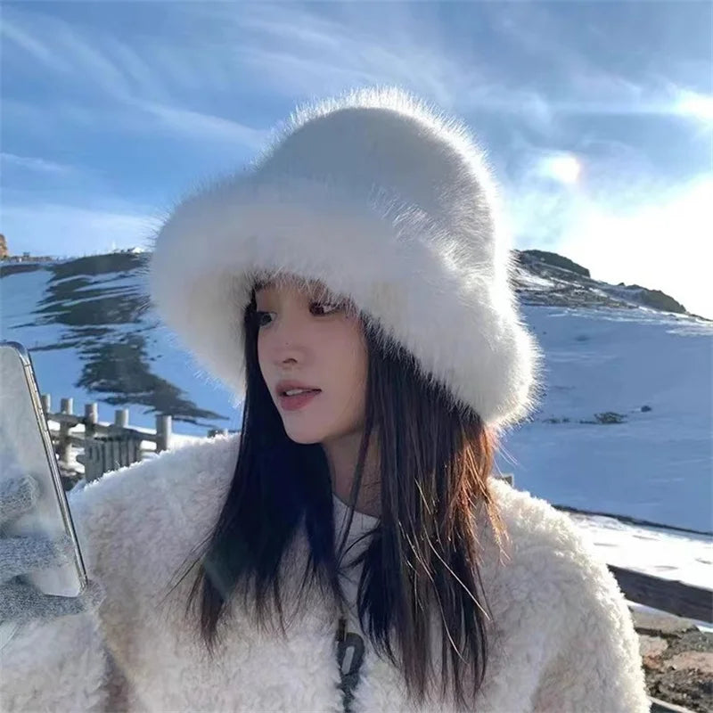 Winter Plush Hat Women Thickened Warm Bucket Hats For Women Men Simple Imitation Fur Ear Protection Cap Windproof Fisherman Cap