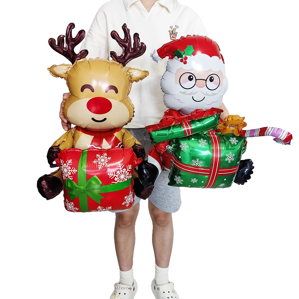 Christmas Decoration Sitting Gift Santa Claus Elk Deer Foil Balloon Red Green Tassel Foil Fringe Float Curtain Hanging Decors