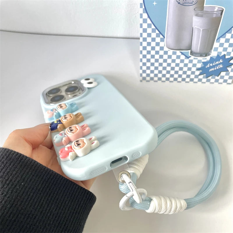 3D Labubu Cartoon Phone Case For iPhone 16 promax 15 14 Plus 13 12 11 Pro Max Mini With Wrist Strap Cute Eyes Soft Cover