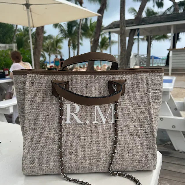 Personalised Chain Monogram Canvas Tote Bag Shoulder Bag Ladies Custom Handbag Birthday Hen Gift Bride Bridesmaids Gifts For Her