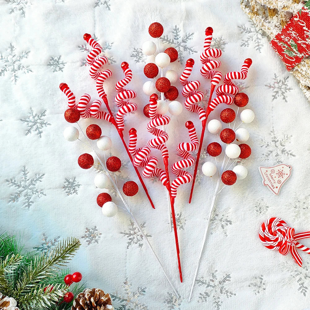 1pc Red White Ball Bouquet Striped Wool Branches Christmas Ornaments Home Cuttings New Year Gifts Christmas Decoration Navidad