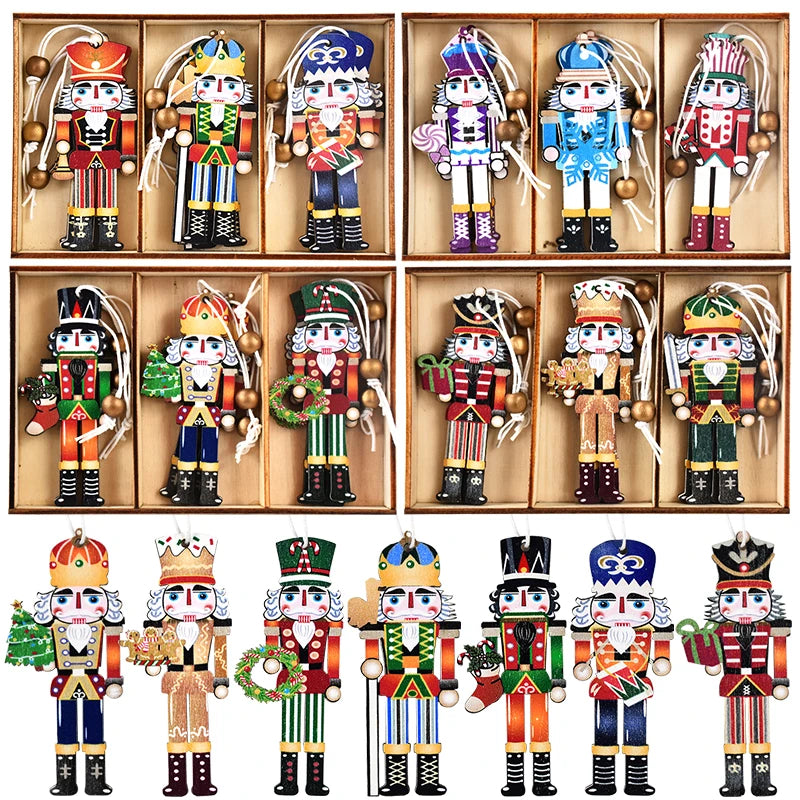 9pcs Christmas Nutcracker Soldier Wooden Pendant Xmas Tree Hanging Ornament 2024 Navidad Decoration for Home 2025 New Year Gifts