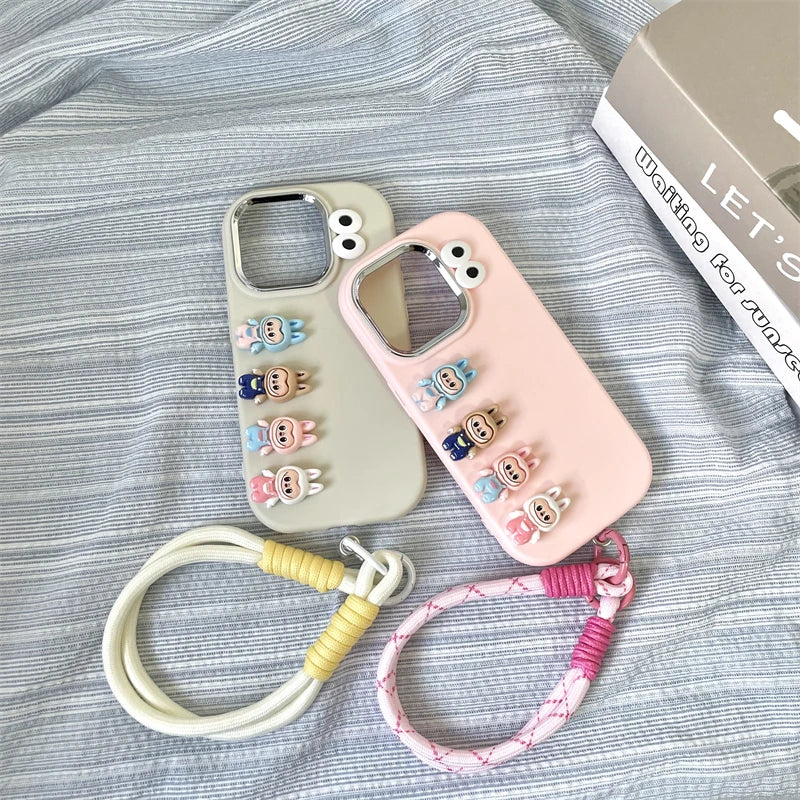 3D Labubu Cartoon Phone Case For iPhone 16 promax 15 14 Plus 13 12 11 Pro Max Mini With Wrist Strap Cute Eyes Soft Cover