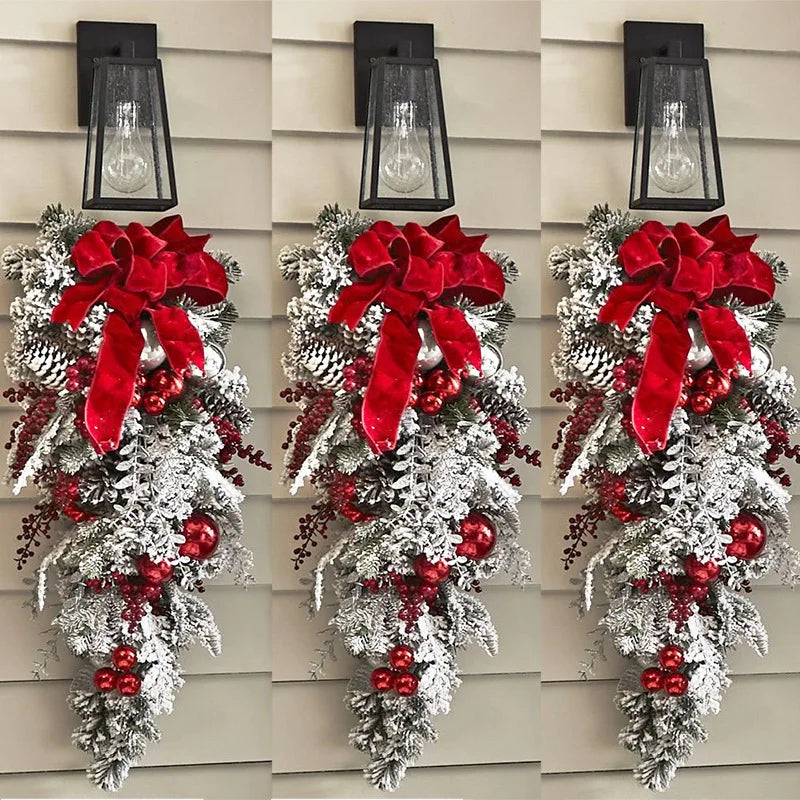 Christmas Wreath Rattan Set Christmas Decoration 2025 Red Bow Wreath For Front Door Xmas Decor Flower Garland Outdoor Home Decor