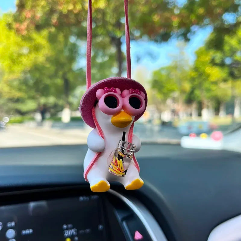 Anime Pink Swing Duck Car Decoration Pendant Cute Auto Rearview Mirror Hanging Ornament For Women Car Ineriror Accessories