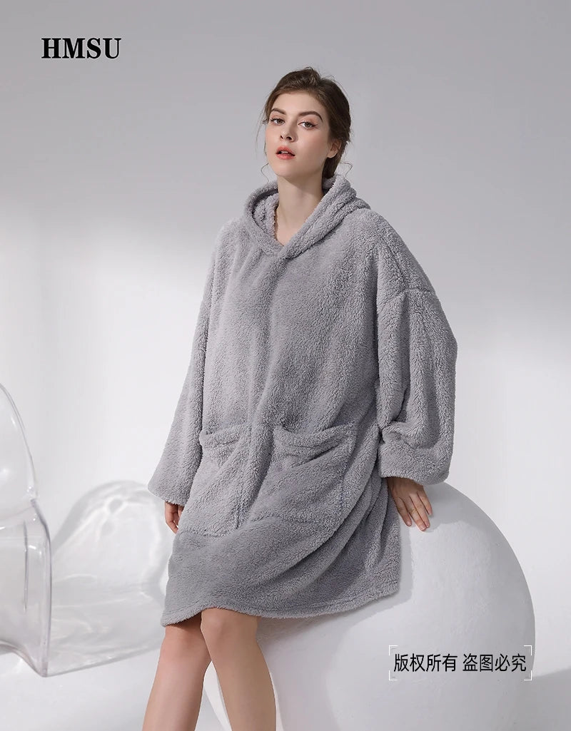 HMSU Oversized Hoodie Blanket With Sleeves Sweatshirt Plaid Winter Fleece Hoody Women Pocket Female Hooded Sweat Oversize Femme