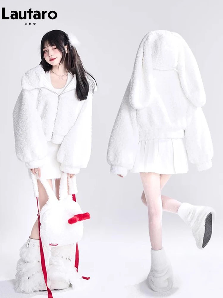 Lautaro Autumn Winter Sweet Cute Lovely Warm Soft White Short Faux Fur Coat Women  with Bunny Ears Fluffy Jacket Hoodie 2023