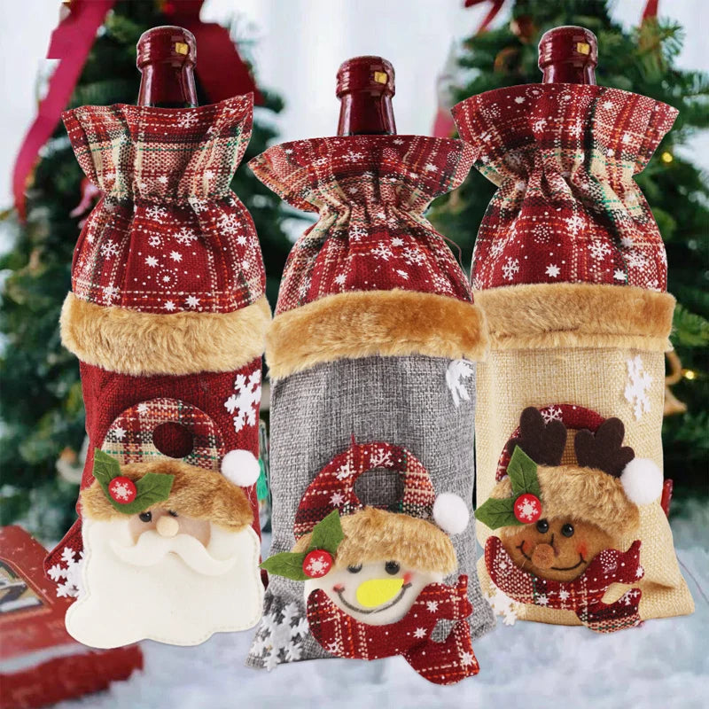 Creative Christmas Wine Bottle Set Golden Velvet Dress Wine Bottle Covers Sleeve Santa Snowman Xmas New Year Dinner Table Decor