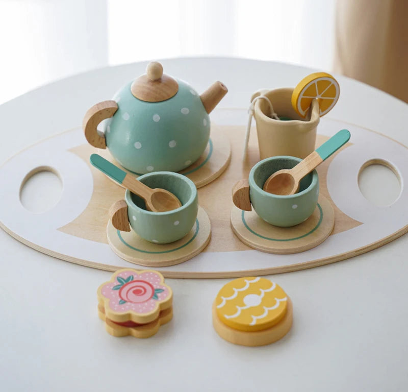 Wooden Afternoon Tea Set Toy Pretend Play Food Learning Role Play Game Early Educational Toys for Toddlers Girls Boys Kids Gifts