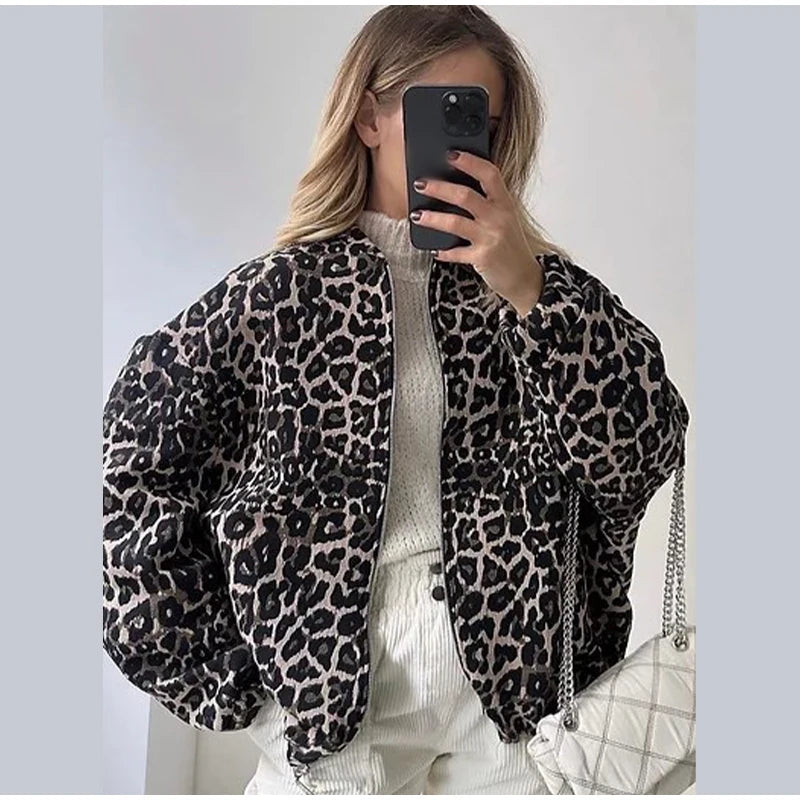 2024 Fashion Leopard Zipper Long Sleeved Women's Jacket Retro Round Neck Street Casual Outerwears New Female Autumn Commute Coat