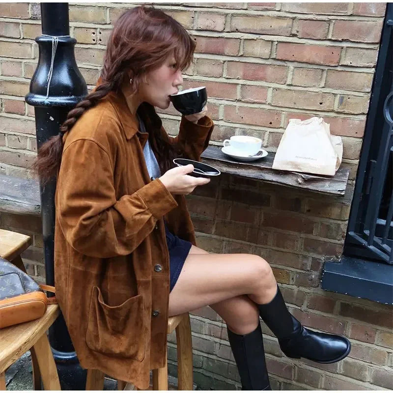 Retro Caramel Suede Leather Blazer Lapel Casual Single Breasted Loose Pocket Women Jacket 2024autumn Fashion Commute Street Coat