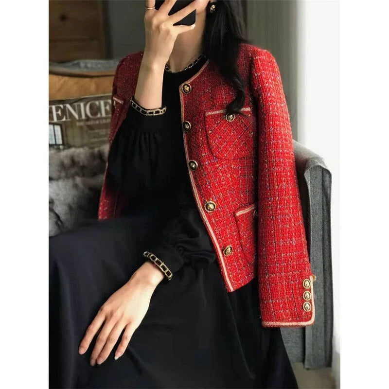 Vintage Red Tweed Coat Women's 2024 Autumn/Winter New French Vintage Loose and Versatile Show Thin Temperament Woolen Jacket Fem