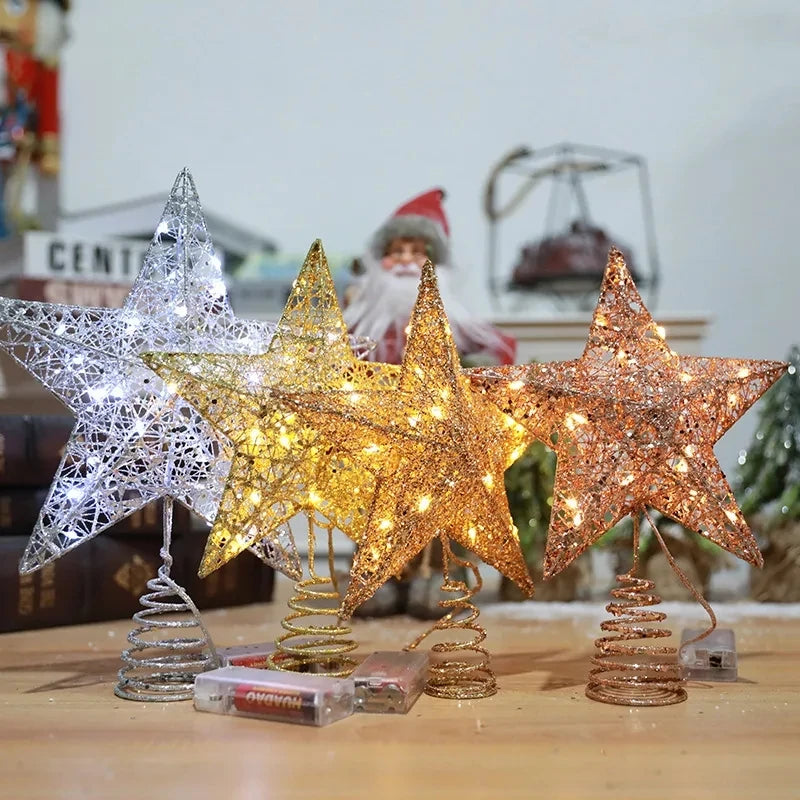 Iron Glitter Christmas Tree Topper Star with LED Copper Wire Lights Merry Christmas Tree Decor for Home Navidad Ornaments