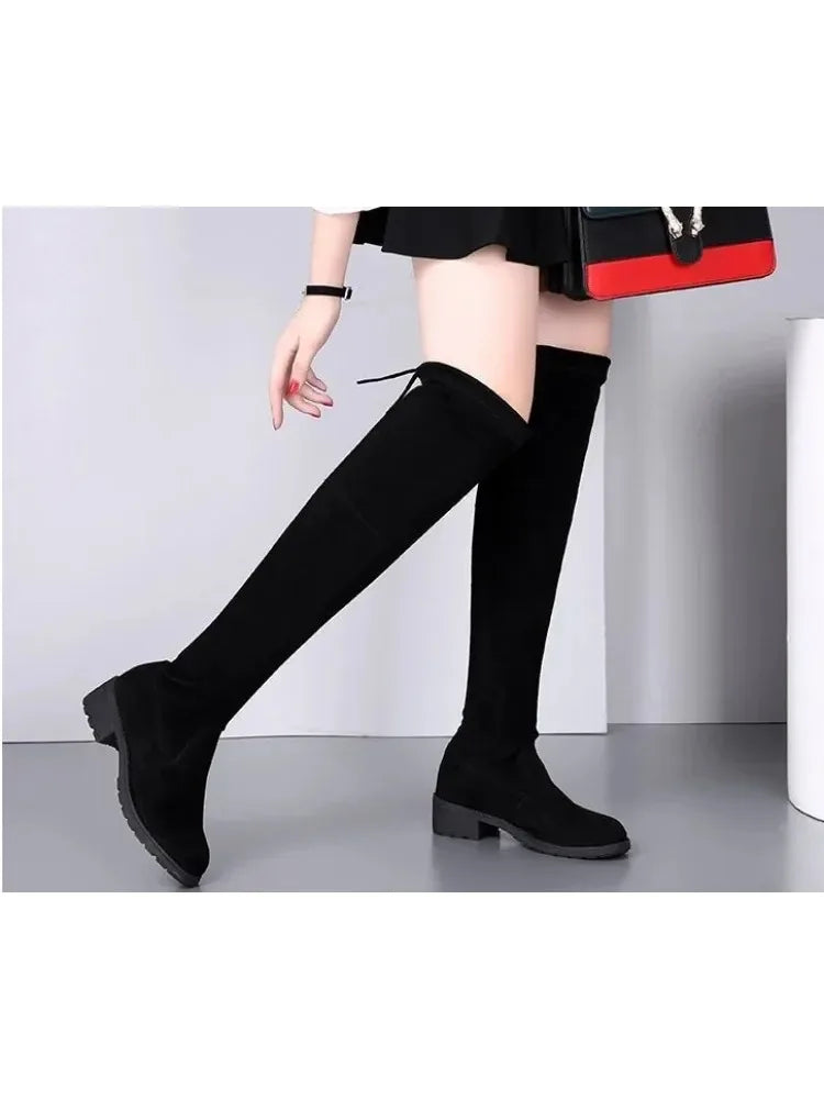 Women Boots Winter Black Over The Knee Boots 2024 New Comfort Lace Up Chunky High Heels Shoes Fashion Warm Suede Round Toe Boots