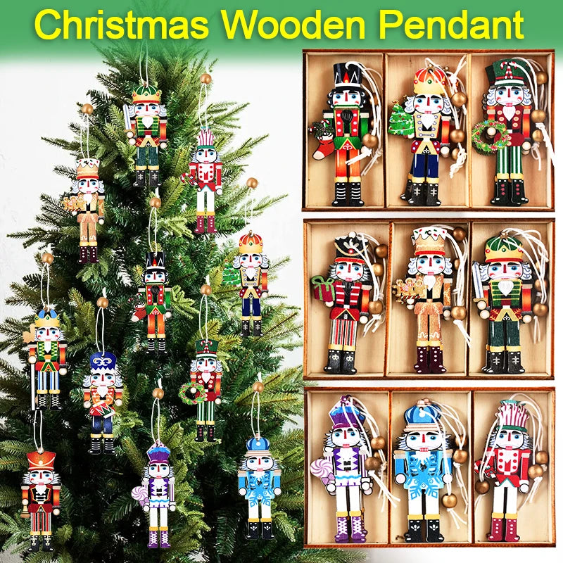 9Pcs Christmas Wooden Ornaments Nutcracker Soldier Xmas Tree Hanging Pendant 2024 Christmas Home Decorations New Year 2025 Gift