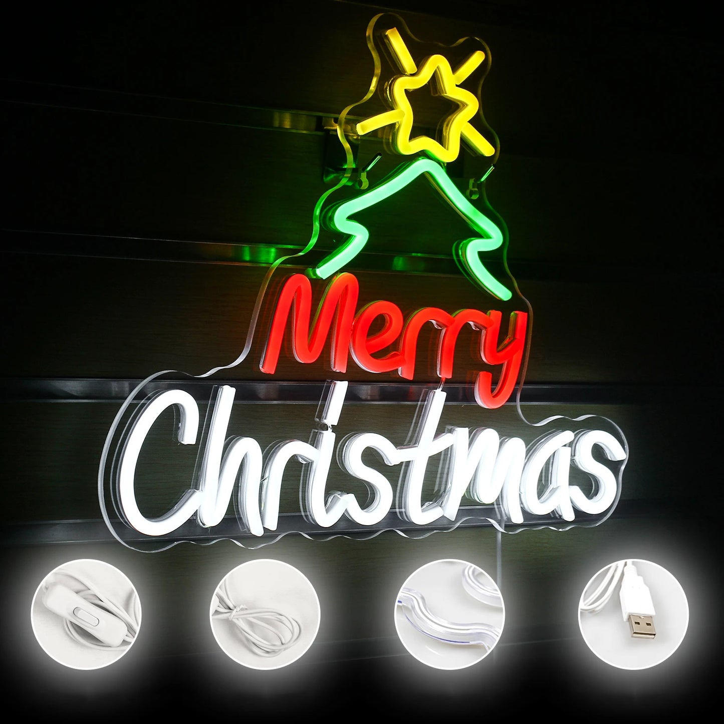 Merry Christmas Neon Sign Red Green LED Lights With Small Decor Dimmable Room Decoration For Festival Home Party Wall Lamp Signs