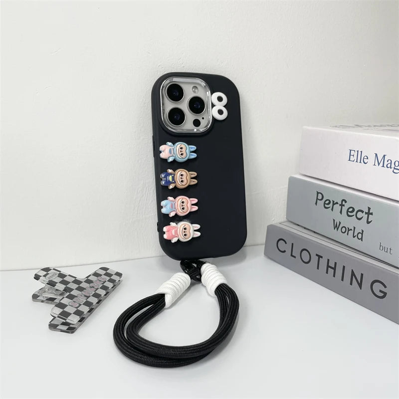 3D Labubu Cartoon Phone Case For iPhone 16 promax 15 14 Plus 13 12 11 Pro Max Mini With Wrist Strap Cute Eyes Soft Cover