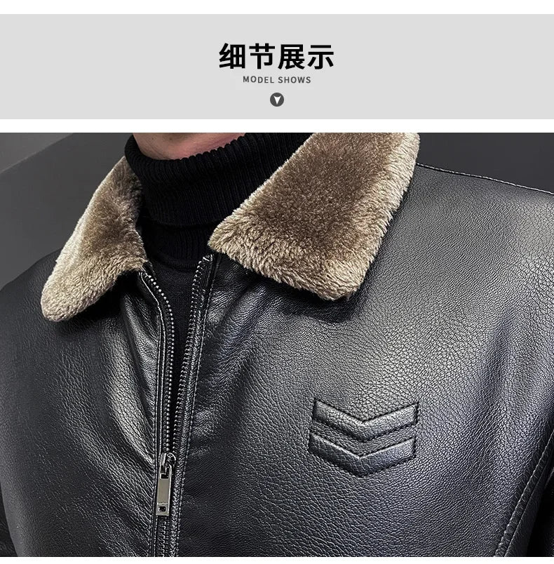 Vintage Brown Leather Jacket Men's Winter Faux Fur Collar Windproof Warm Coat Men's Luxury Clothing Brand chaqueta cuero hombre