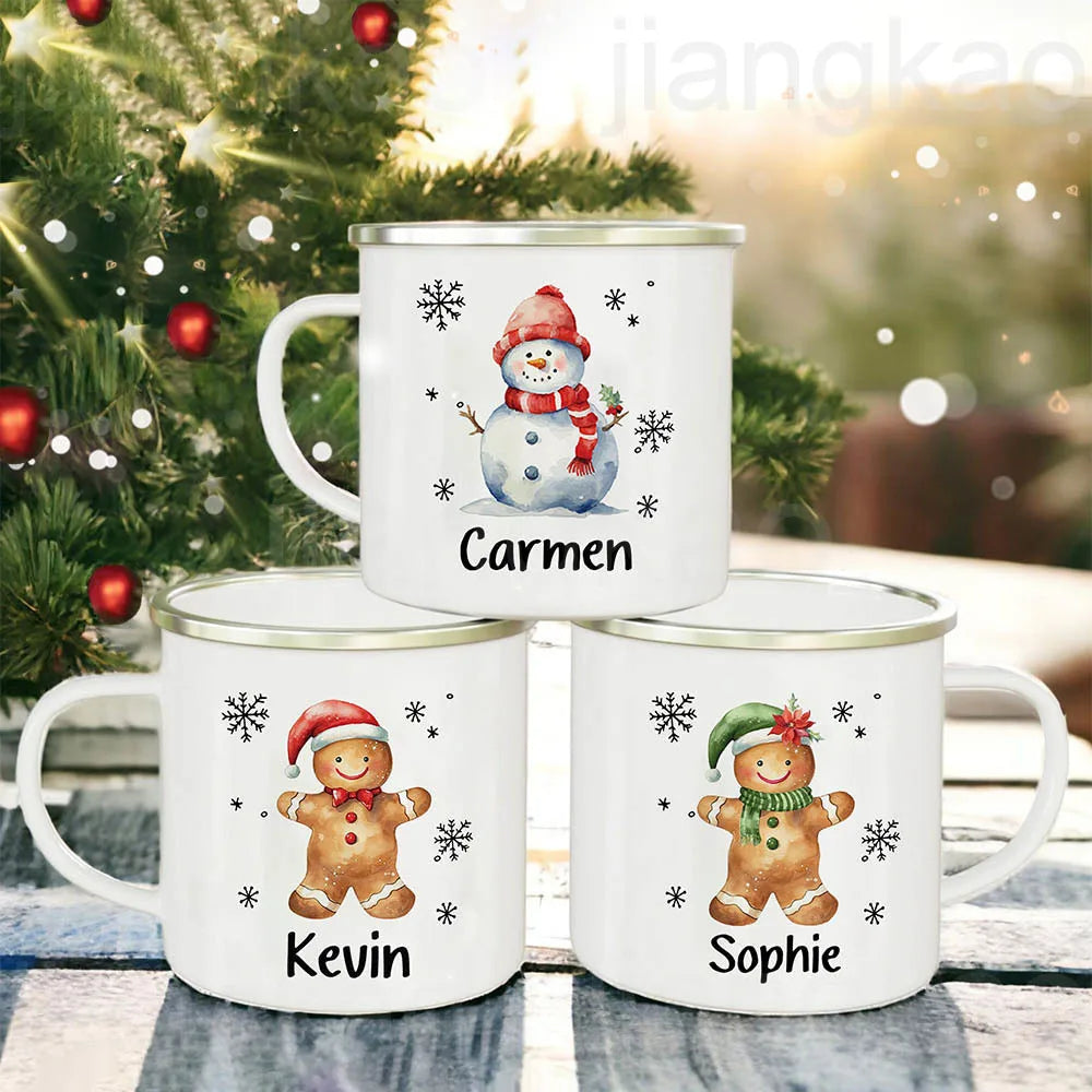 Personlized Cookie Snowman with Name Mug Hot Cocoa Chocolate Mug Drink Jiuce Cup Christmas Decor Enamel Mugs  Xmas Gift for Kids