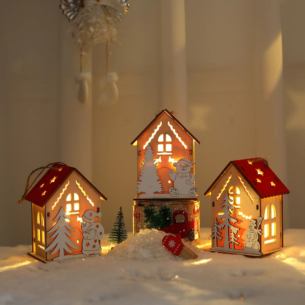 New Christmas Wooden House Pendant Snowman Elk Santa Claus Bear House Lighting Glowing Log Cabin Christmas Decoration Supplies