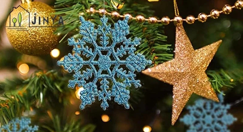 Pack Of 24/12/6 Pieces Snowflakes For Christmas Tree Decoration Blue Snowflakes With Bright Powder Winter New Year Hanging Decor