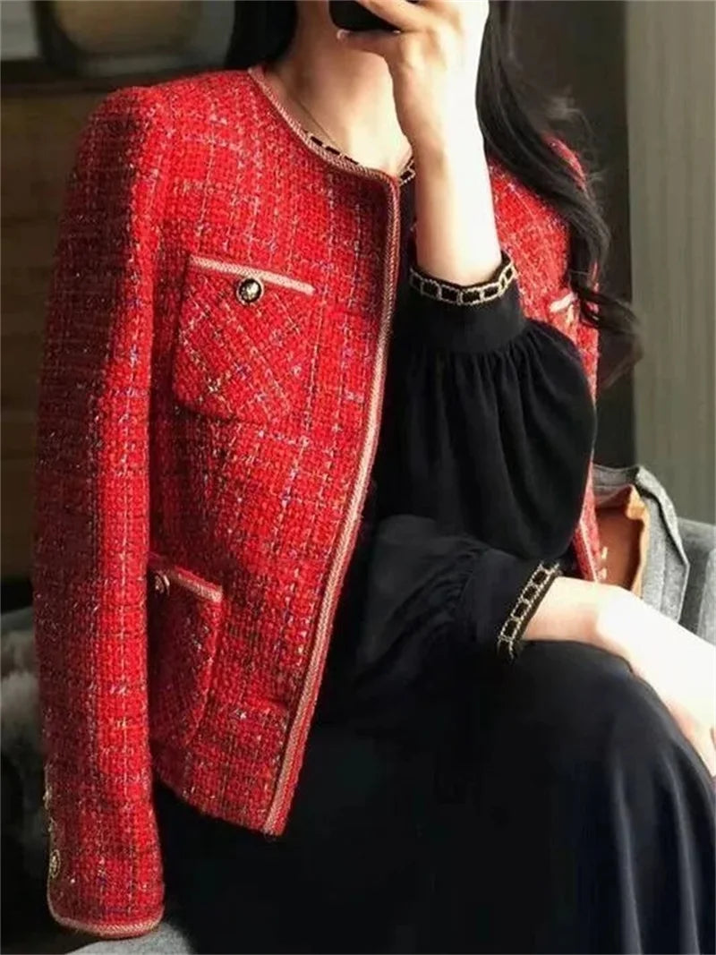 Vintage Red Tweed Coat Women's 2024 Autumn/Winter New French Vintage Loose and Versatile Show Thin Temperament Woolen Jacket Fem