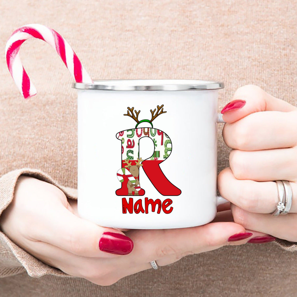 Personlized Reindeer Initial with Name Enamel Cups Christmas Hot Cocoa Chocolate Mug Drink Jiuce Mugs Christmas Gifts for Kids