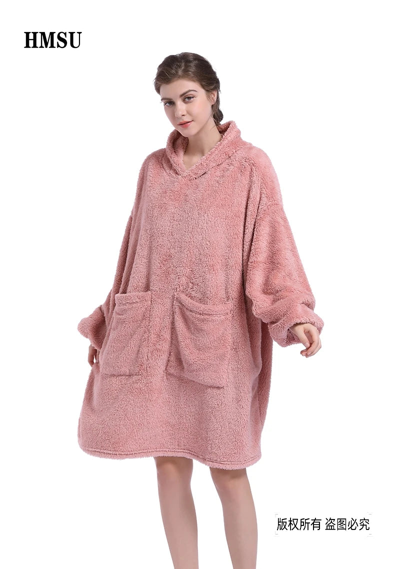 HMSU Oversized Hoodie Blanket With Sleeves Sweatshirt Plaid Winter Fleece Hoody Women Pocket Female Hooded Sweat Oversize Femme