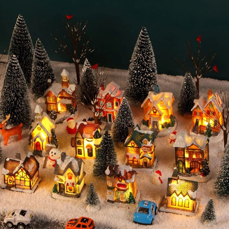 Mini LED Christmas Village Houses Building Xmas Winter Village Town Buildings Collection Home Indoor Room Decoration Xmas Gifts