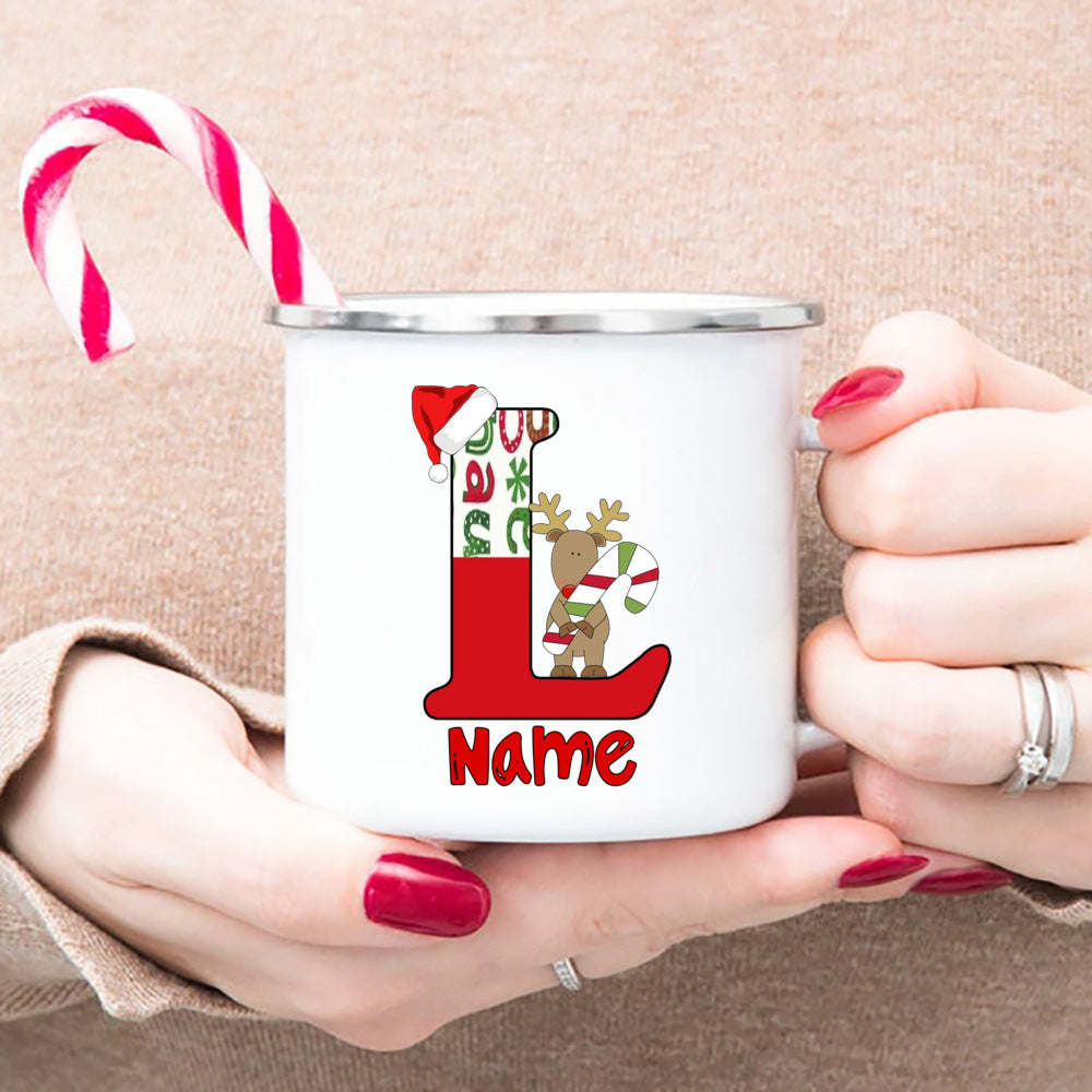 Personlized Reindeer Initial with Name Enamel Cups Christmas Hot Cocoa Chocolate Mug Drink Jiuce Mugs Christmas Gifts for Kids