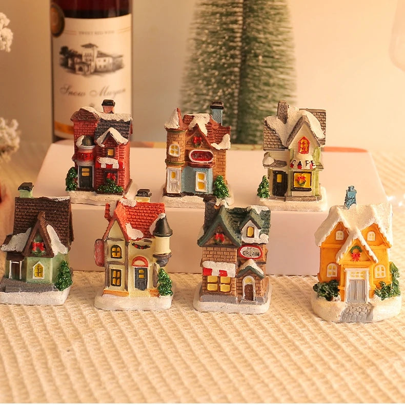 Mini LED Christmas Village Houses Building Xmas Winter Village Town Buildings Collection Home Indoor Room Decoration Xmas Gifts