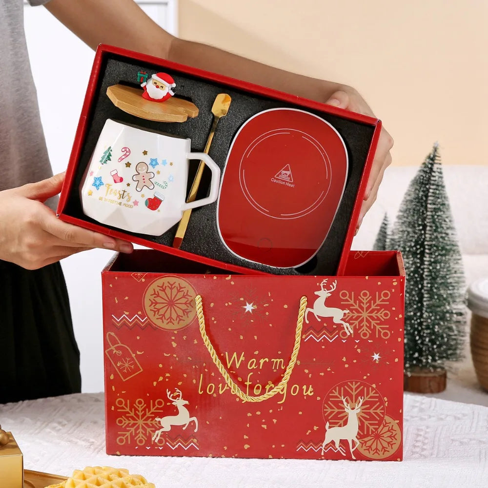 Christmas Gift Set: Warm 55℃ Ceramic Mug with Lid featuring Santa Claus for Office or Home Use