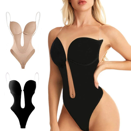 Sexy Full Body Shaper Bra Women Deep V Convertible Bra Thong Shapewear Backless Invisible Push Up Underwear Slim Bodysuit