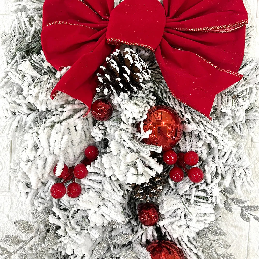 Christmas Wreath Rattan Set Christmas Decoration 2025 Red Bow Wreath For Front Door Xmas Decor Flower Garland Outdoor Home Decor