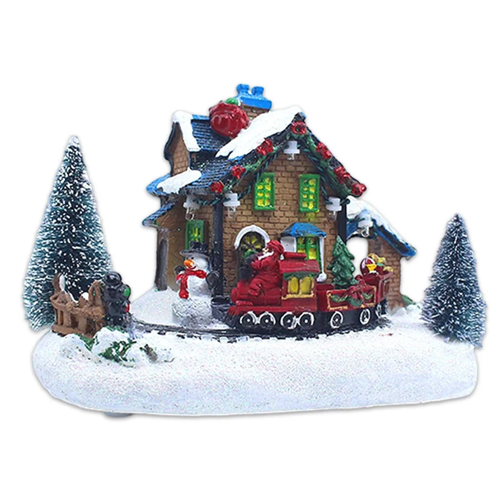 Christmas Village Figurines LED Lights Small Train Christmas Village House Luminous Landscape Figurines Resin Desktop Ornament