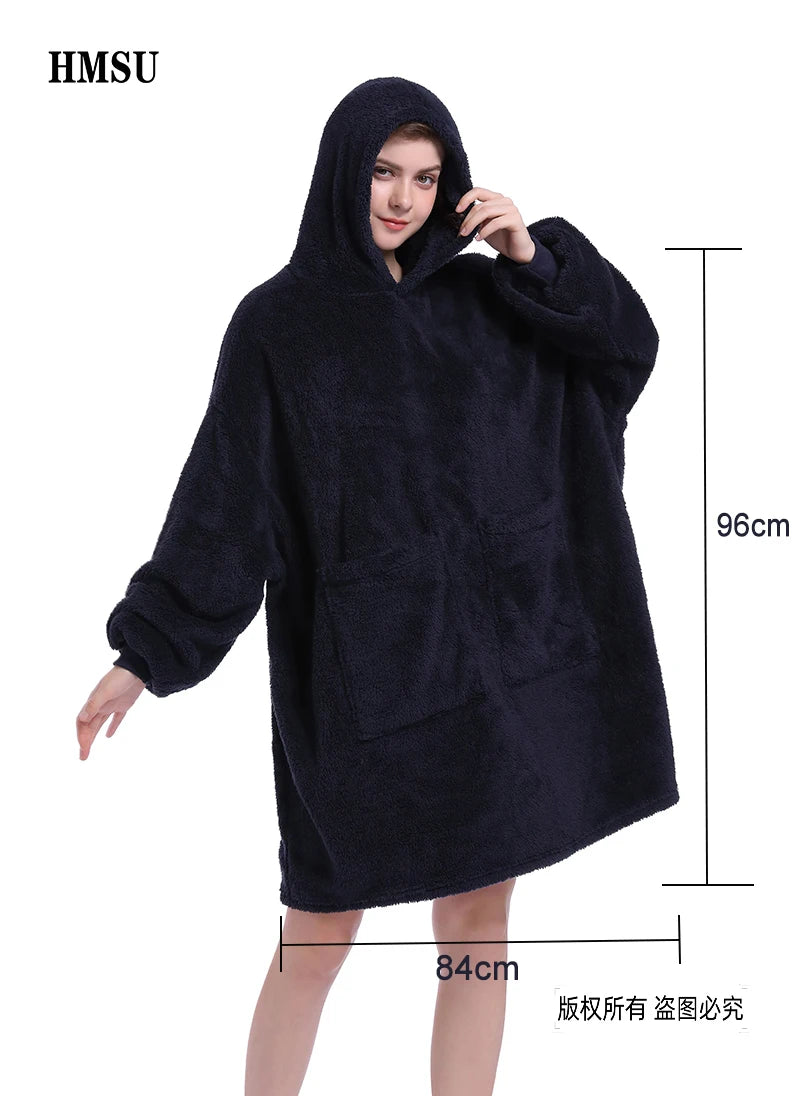 HMSU Oversized Hoodie Blanket With Sleeves Sweatshirt Plaid Winter Fleece Hoody Women Pocket Female Hooded Sweat Oversize Femme