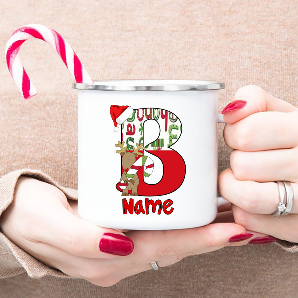 Personlized Reindeer Initial with Name Enamel Cups Christmas Hot Cocoa Chocolate Mug Drink Jiuce Mugs Christmas Gifts for Kids