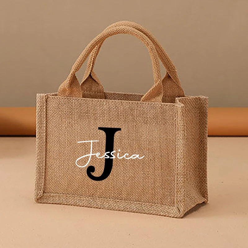 Custom Name Jute Handbag Personalized A-Z Burlap Logo Print Shopping Bag Tote Boutique Small Business Gift Girls Trip Wedding