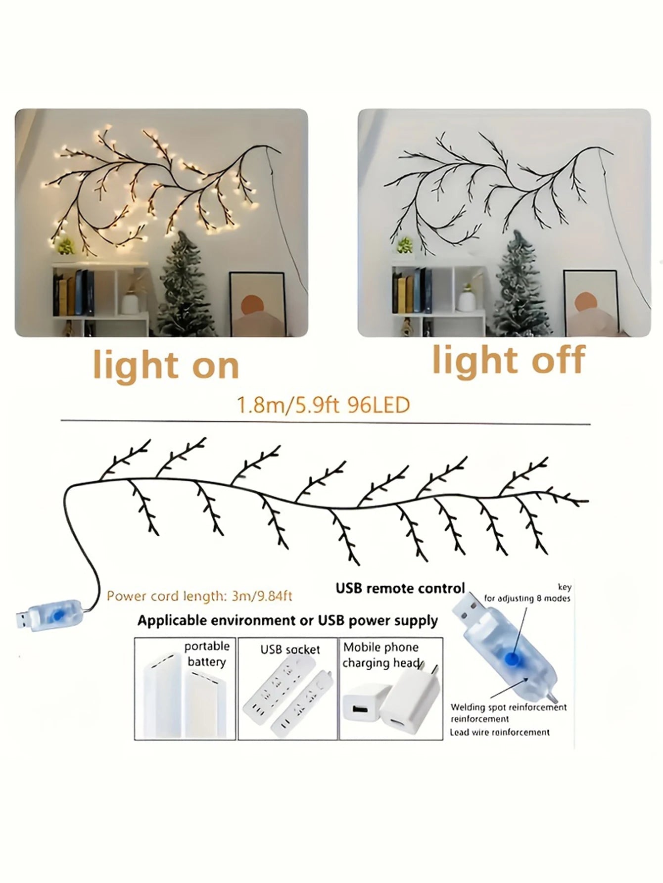 USB Flexible Willow Vine Light Home Wedding Decorations DIY Rattan Tree Luminous Branch Light Wall Fireplace Party Bedroom