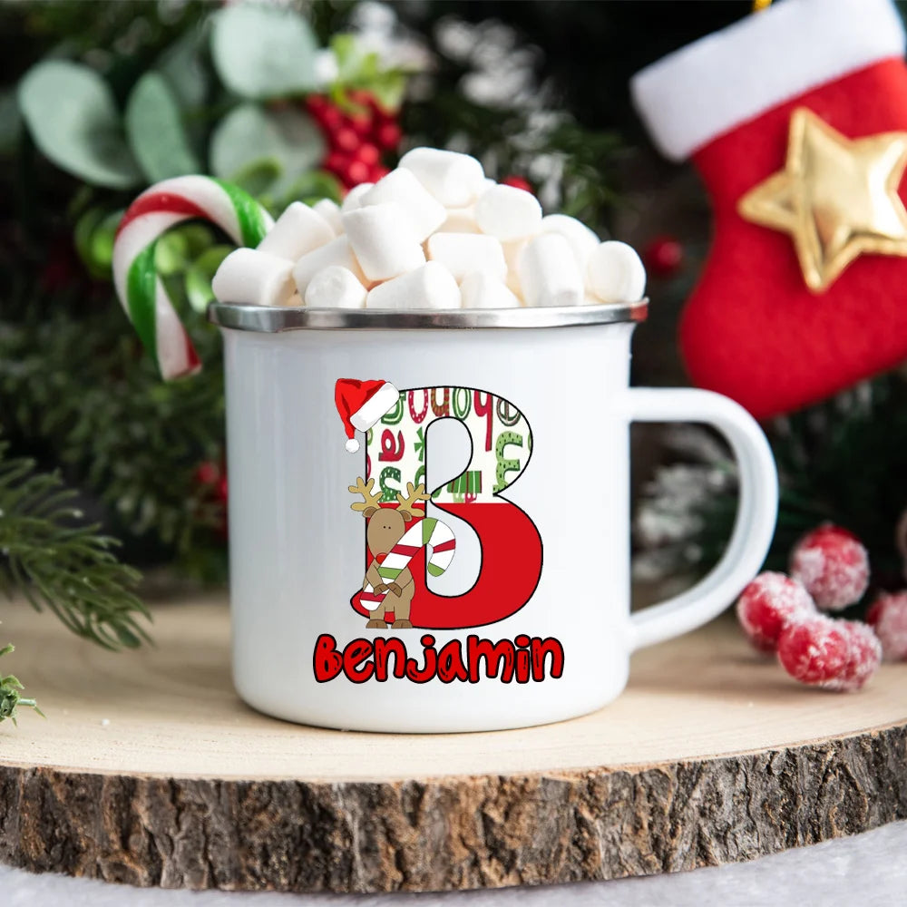 Personlized Reindeer Initial with Name Enamel Cups Christmas Hot Cocoa Chocolate Mug Drink Jiuce Mugs Christmas Gifts for Kids